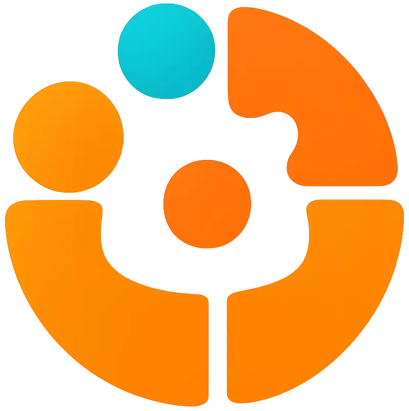 Abstract orange circular logo with a teal dot, suggesting a group or team concept.