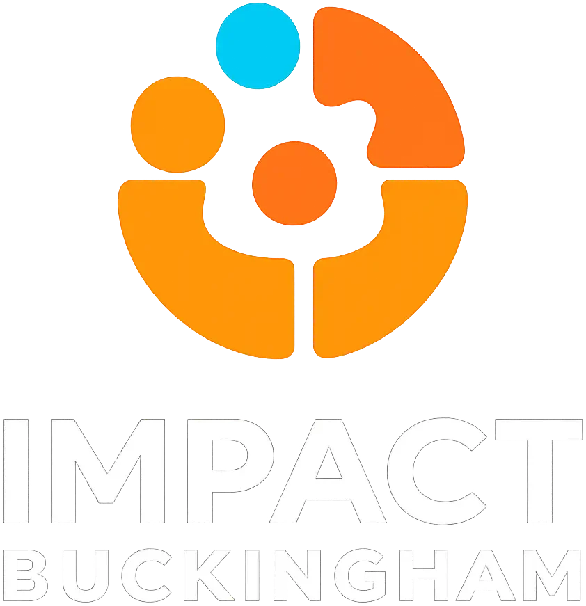 Impact Buckingham logo featuring an abstract orange circular emblem with a small blue dot and the words IMPACT BUCKINGHAM in white.
